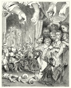 Gustave Dores Don Quixote: "Iagttag, hvilket stort selskab af glitrende heste, der strømmer ud af byen, på jagt efter de kristne elskere" (gravering) af Gustave Dore