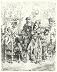 Gustave Dores Don Quixote: "Sancho og hans herre opholdt sig tre dage hos et ungt par og blev underholdt som prinser" (gravering) af Gustave Dore