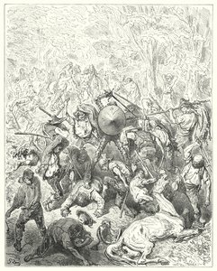 Gustave Dores Don Quixote: "Yangeserne greb sig til deres løftestænger og pakkestave" (gravering) af Gustave Dore