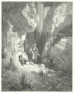 Gustave Dores Don Quixote: "Det første, han fandt, var det grove udkast til en sonet; så han læste det højt" (gravering) af Gustave Dore