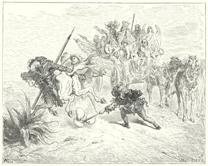 Gustave Dores Don Quixote: "Stykkets fjols kom op og sprang rundt med sine morriceklokker" (gravering) af Gustave Dore