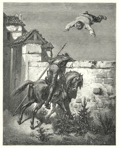 Gustave Dores Don Quixote: "Jo mere han stormede, jo mere kastede de og lo" (gravering) af Gustave Dore