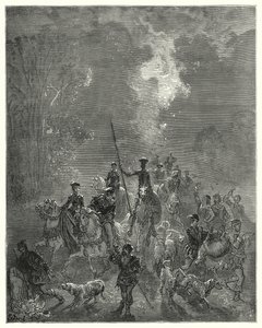 Gustave Dores Don Quixote: "Morgenen begyndte at sprede hendes smilende blik i den østlige del af himlen" (gravering) af Gustave Dore