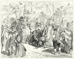 Gustave Dores Don Quixote: "Den stakkels jomfru, skælvende og forfærdet uden at sige et ord, kom til den stakkels Basilikum" (stik) af Gustave Dore