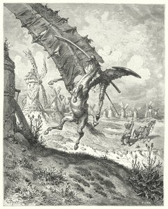 Gustave Dores Don Quixote: "Sejlet smed både ridder og hest væk sammen med det" (gravering) af Gustave Dore