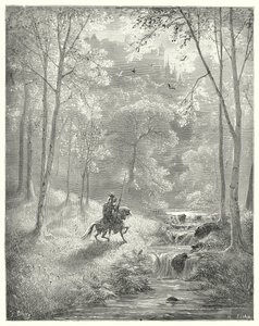 Gustave Dores Don Quixote: "Himlen forekommer ham mere gennemsigtig, og solen ser ud til at skinne med fordoblet lysstyrke" (gravering) af Gustave Dore