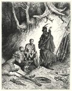 Gustave Dores Don Quixote: "Væberne forlod Don Quixote, Roque og Sancho for at afvente deres tilbagevenden" (gravering) af Gustave Dore