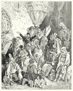 Gustave Dores Don Quixote: "Der var ikke det land på jordens overflade, som han ikke havde set, eller kamp, som han ikke havde været involveret i" (gravering) af Gustave Dore