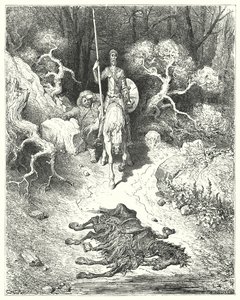 Gustave Dores Don Quixote: "De kom til en park, hvor de fandt et muldyr liggende død" (gravering) af Gustave Dore