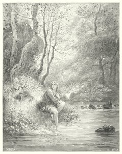 Gustave Dores Don Quixote: "De spionerede en ung i en landlig vane, der sad ved foden af en klippe bag et asketræ" (gravering) af Gustave Dore