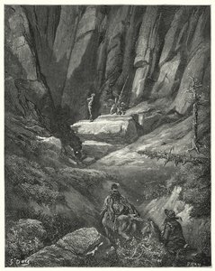 Gustave Dores Don Quixote: "De fortsatte i omkring tre fjerdedele af en liga, og så blandt klipperne spionerede de Don Quixote, som på dette tidspunkt havde taget sit tøj på, dog ikke sin rustning" (gravering) af Gustave Dore