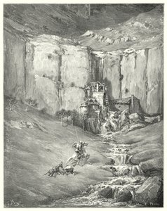 Gustave Dores Don Quixote: "Da de kom nærmere, begyndte selv tålmodige Rozinante selv ved den frygtelige lyd" (gravering) af Gustave Dore