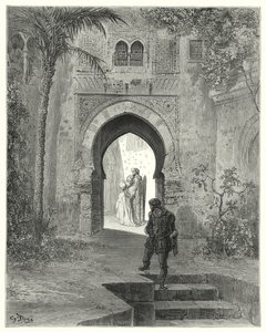 Gustave Dores Don Quixote: "Zoraida, der viste problemer i sit udseende, gik væk med sin far" (gravering) af Gustave Dore