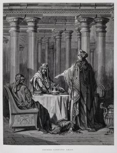 Haman fordømt af dronning Ester, illustration fra Dore-bibelen af Gustave Dore