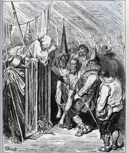 Sådan slipper du af med Don Quixote. Folkene i hotelbutikken besluttede at spærre ham inde ved at få ham til at tro på en ny fortryllelse og en ny ridderlig test - fra "Don Quixote de la Mancha" af Miguel Cervantes (1547-1616) (Don Quixote) - Træsnit efter af Gustave Dore