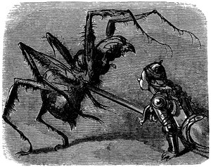 Illustration af Gustave Dore (1832-1883) til Ernest Lepines bog "La legende de Croquemitaine" (1863) - Foran dette billede af kamp med sværdet mod en gigantisk araignee kan man ikke lade være med at tænke på kampen mellem Frodo og Aragne i Tolkien