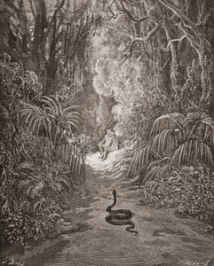 Illustration af Gustave Dore 1832-1883 Fransk kunstner og illustrator til Paradise Lost af John Milton Bog IX linje 434 og 435 af Gustave Dore