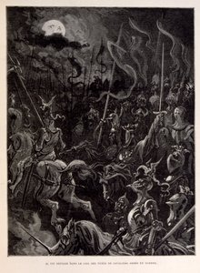Illustration af riddere i kamp under en måneskinnet aften. af Gustave Dore