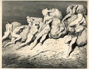 I Helvedes fjerde cirkel, hvor Pluto (Hades) hersker, bærer og ruller Avares og Prodigans tunge byrder (sten) og kolliderer med vrede. Stik fra Helvede af Dante Alighieri (Den guddommelige komedie) illustreret af Gustave Dore. Fransk e af Gustave Dore