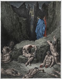 Inferno, Canto 29: Virgil irettesætter Dantes nysgerrighed, illustration fra "Den guddommelige komedie" af Dante Alighieri, 1885 af Gustave Dore