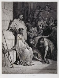 Fornærmelser mod Kristus under hans retssag, illustration fra Dore-bibelen af Gustave Dore