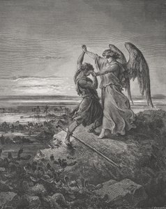 Jacob Wrestling with the Angel, 1. Mosebog 32:24-32, illustration fra Dores 