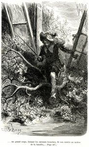 Jacquemin Lampourde, med pistolen i hånden, kom til et punkt i kampen. Kobberstik af Gustave Dore, der illustrerer Theophile Gautiers pikareskroman om kappe og kårde "Le capitaine Fracasse", edition Charpentier 1863. af Gustave Dore