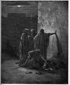 Jehus kammerater finder resterne af Jezebel”” - træstik til Bibelen af Gustave Dore - Jehus kammerater finder Jezabels hoved og yderpunkter - indgravering i "The Bible illustree" af Gustave Dore (1832-1883) - Gravering fra "" The Dore Bible ”” af Gustave Dore