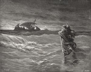 Jesus vandrer på havet, Johannes 6:19-21, illustration fra Dore