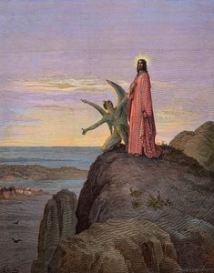 Jesus i ørkenen, udsat for djævelens fristelse - Kristi fristelse - Satan fristede Jesus - gravering af Gustave Dore - senere farvelægning af Gustave Dore