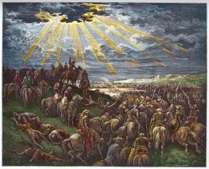 Joshua Commanding the Sun to Stand Still - Josue arrete le soleil - indgravering i "The Bible illustree" af Gustave Dore (1832-1883) - Indgravering fra "" The Dore Bible"" af Gustave Dore