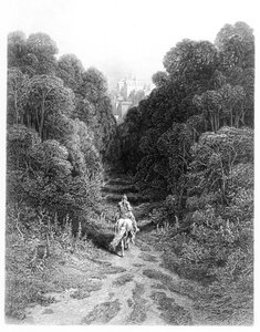 Lancelot nærmer sig slottet ved Astolat, illustration fra 