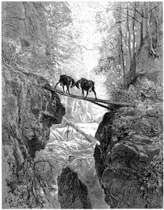 Les deux chevres: fabel af Jean de la Fontaine illustreret af Gustave Dore - skov, bæk, bæk - af Gustave Dore