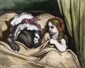Rødhætte og ulv kan ikke lide som bedstemor. Illustration af Gustave Dore af Gustave Dore