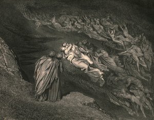 Kærlighed bragte os til én død: Caina venter på sjælen, der splittede vores liv, c1890. af Gustave Dore