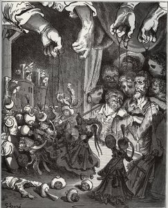 Maese Pedros dukketeater - fra "Don Quixote de la Mancha" af Miguel Cervantes (1547-1616) (Don Quixote) - Træsnit efter tegning af Gustave Dore af Gustave Dore