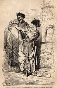 Mand og kvinde af folket har springvandet i Carmona, landsby nær Sevilla. Skitse taget live af Gustave Dore (1832-1883). Gravering til illustration af rejsen i Spanien, i 1862 af Charles Davillier og Gustave Dore, i "Le tour du monde, nouveau af Gustave Dore