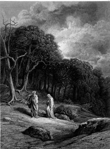 Merlin og Viviane i Brocéliande-skoven - i "" Viviane"" af Alfred Tennyson, illustration af G. Doré af Gustave Dore