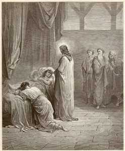 Mirakel: Jesus Kristus helbredte Jaires datter (Jairus eller Jairos). Indgravering fra Bibelen illustreret af Gustave Dore (1832-1883) af Gustave Dore