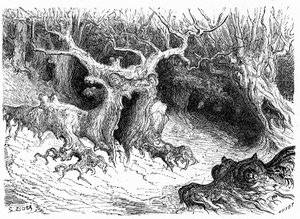 Monstrøs bøg i Ossau-dalen, antropomorfe monstertræer. Kobberstik af Gustave Dore, der illustrerer bogen "Voyage aux Pyrénées d