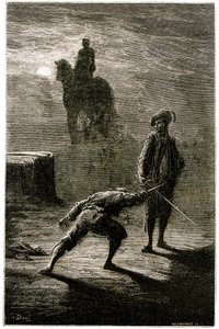 Natduel i måneskin mellem baron de Sigognac og Jacquemin Lampourde under rytterstatuen af kongen af bronze. Kobberstik af Gustave Dore, der illustrerer Theophile Gautiers roman "Le capitaine Fracasse", edition Charpentier 1863. af Gustave Dore