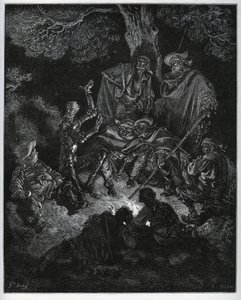 Natlys, hvor Don Quixote fortæller historien om verden til gederne og en Sancho Panza - fra "Don Quixote de la Mancha" af Miguel Cervantes (1547-1616) (Don Quixote) - Træsnit efter tegning af Gustave Dore af Gustave Dore