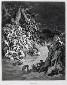 Noah og hans ark flygter, da den store flodbølge omslutter jorden, Illustration fra Dore-bibelen af Gustave Dore