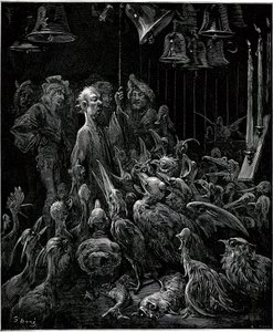 På øen Sonnante får Panurge fuglene til at synge ved at slå på klokkerne - illustration af Gustave Dore til samlede værker af Francois Rabelais - Femte bog - Pantagruel af Gustave Dore