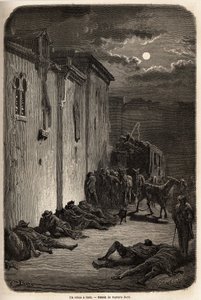 En nat i en stafet i Jaen. Tegning af Gustave Dore (1832-1883), til illustration af hans rejse til Spanien i 1862, med Ch. Davillier. Indgravering i "" Le tour du monde"", redigeret af Edouard Charton af Gustave Dore