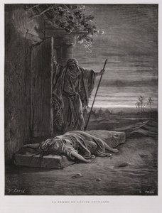 Forargelse i Gibea, levitten bærer sin døde medhustru væk, Illustration fra Dore-bibelen af Gustave Dore