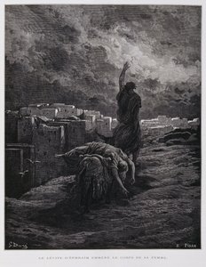 Forargelse i Gibea, levitten bærer sin døde medhustru væk, Illustration fra Dore-bibelen af Gustave Dore