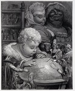 Pantagruel følger et kursus i geografi - i "" Gargantua"" af Rabelais, ill. Gustave Dore af Gustave Dore
