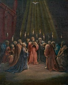 Pinse - Pinse (Helligåndens komme) - Pinse, Helligåndens nedstigning, gravering af Gustave Dore (1832-1883) - senere farvelægning af Gustave Dore