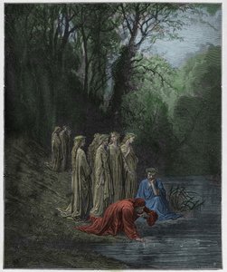 Purgatorio, Canto 33: Dante drinks of the River Eunoe, illustration fra "The Divine Comedy" af Dante Alighieri, 1885 af Gustave Dore